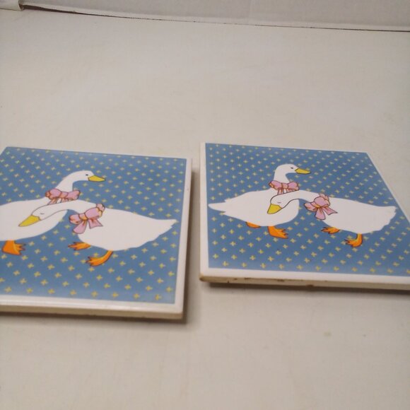 Vintage Ceramic Tile Trivet Coaster Geese 80s Blue White Lot of 2 - Picture 6 of 10